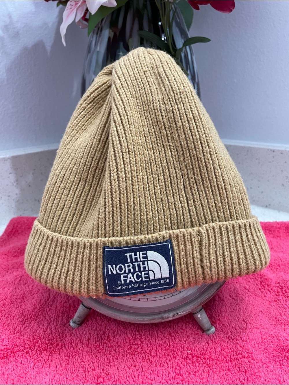 The North Face Tan Ribbed Knit Beanie with Logo Patch